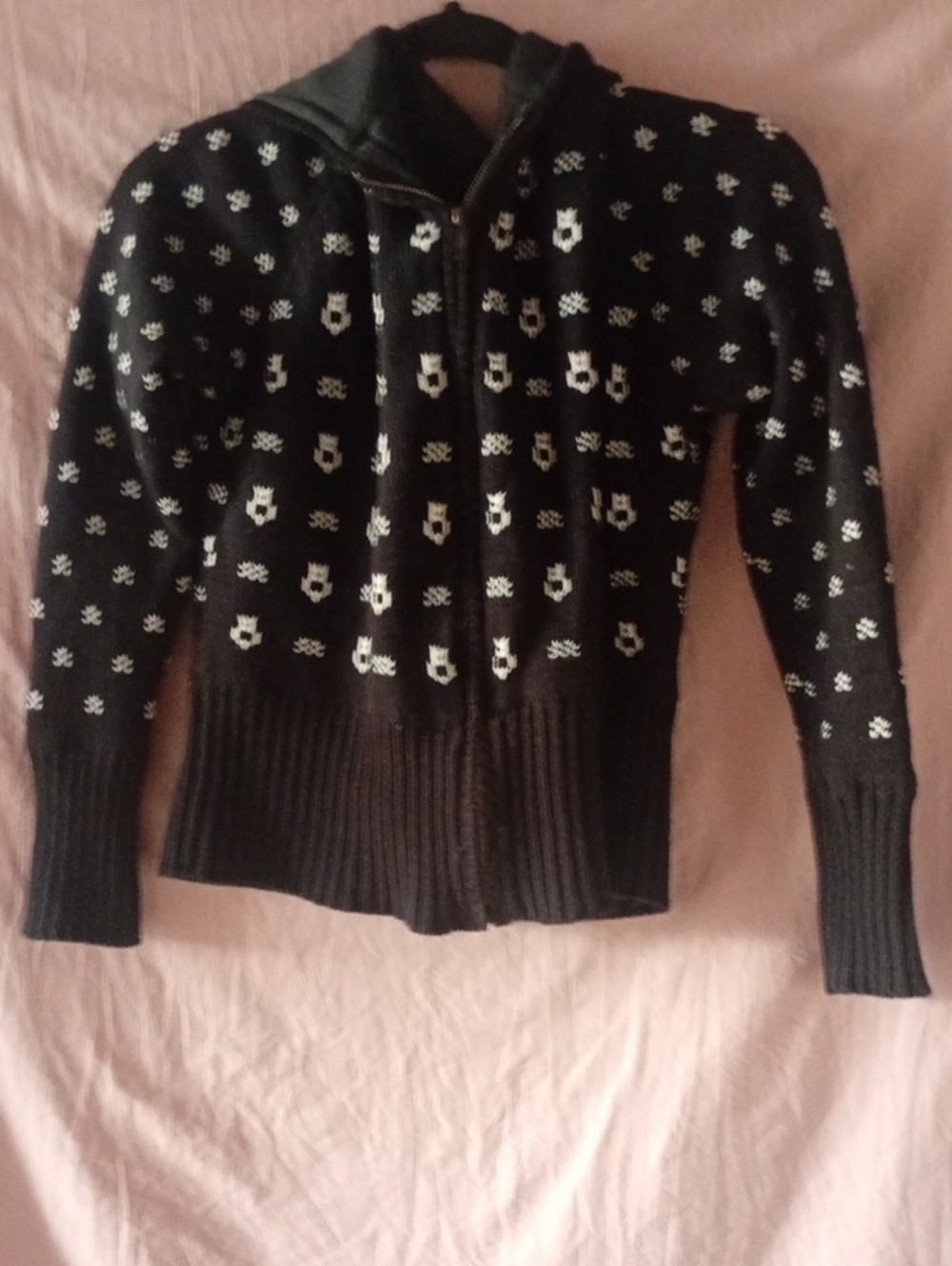 Black Zip-Up Hooded Cardigan with White Pattern